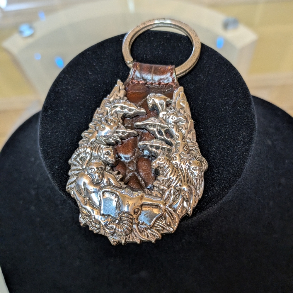Rare Barse Silver and Brown Leather Animal Keychain